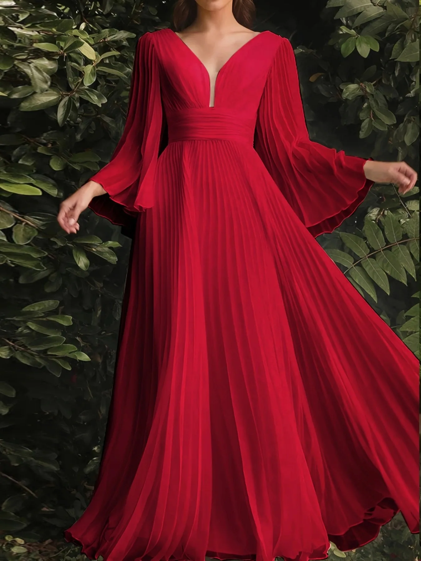 Pleated Elegant Dress Female Solid V Neck Clothing Luxury Dinner Evening Long Robe 2025 Spring Women Party Dress