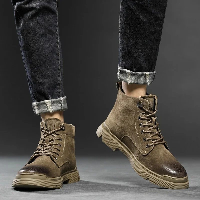 

Winter New Mens High-top Tooling Shoes British Desert Short Boots Men Plush Warm Pigskin Boots Mens Trendy Shoes Spring