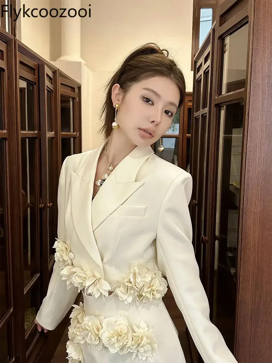 2024 Autumn New Fashion Temperament Flower Short Suit Jacket High Waist Slimming All Matching Skirt Conjuntos Feminino Elegante