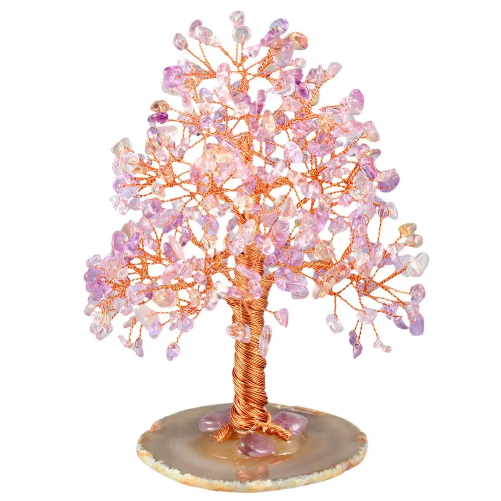 TUMBEELLUWA Natural Crystal Money Tree with Agate Slices Base Bonsai Figurine Decor for Wealth and Luck