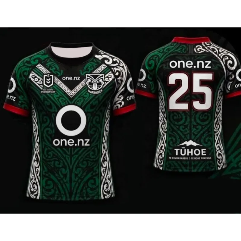Men's Warriors 25 Rugby Jersey Black Red Gold Maori Tribal Print Short Sleeve Sport Mesh Y2K Oversized Loose Streetwear Top Kids