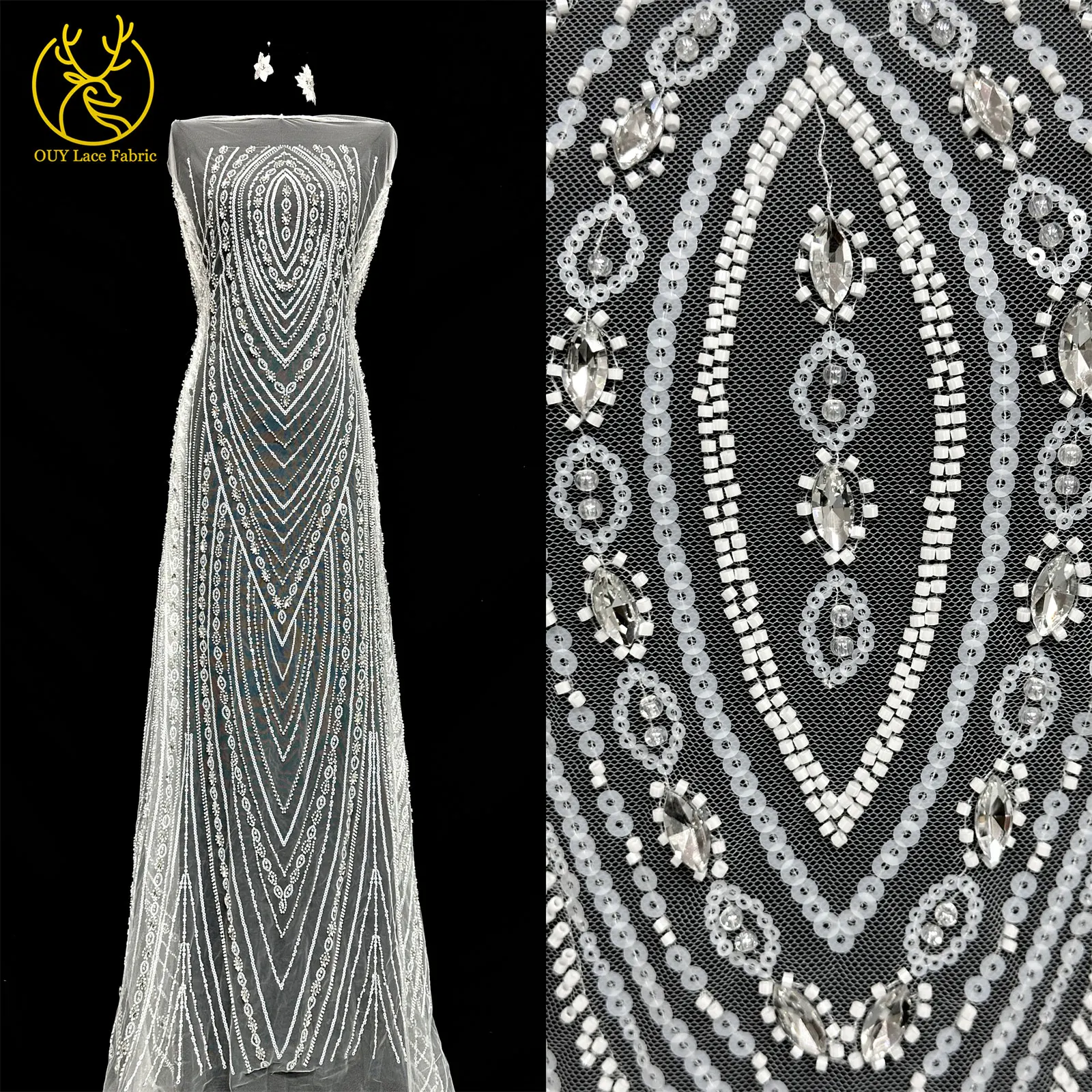 Nigerianisches weißes Hochzeitskleid Tüll-Mesh-Spitzenstoff Hochwertiger französischer Stein-Spitzenstoff Afrikanischer Perlen-Pailletten-Spitzenstoff – Detail 3