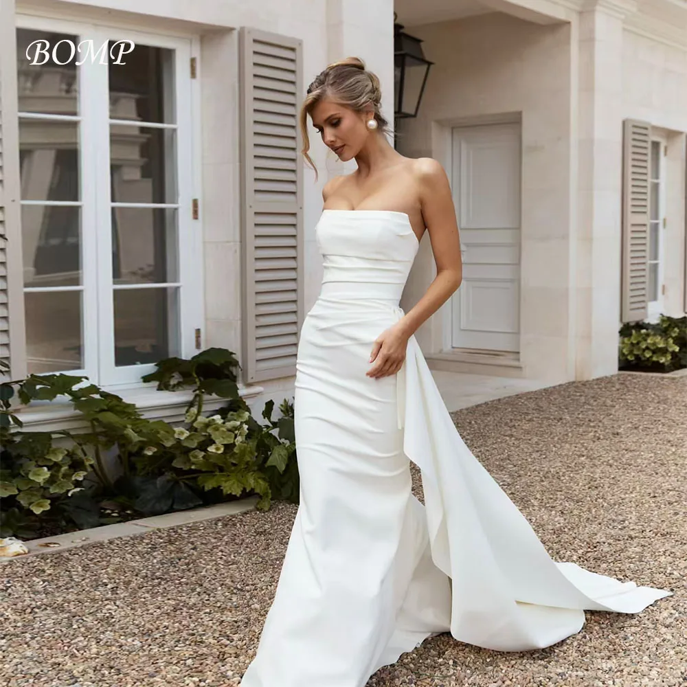BOMP Simple Mermaid Wedding Dress Strapless Pleat Court Train Ivory Satin US Woman Bridal Gown Customized Vestidos De Novias