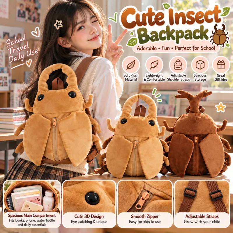 Animal Y2K Backpacks Rhinoceros & Stag Beetle Plush Bag 45cm Soft Stuffed Insect Bag Cute School Tote Bag, Birthday Gift New