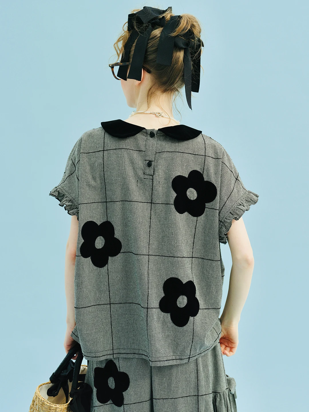 Women's Gray Checkered Top Short Sleeve Black Collar Floral Decorations Ruffled Cuffs Casual Daily Wear Stylish Comfort 255066