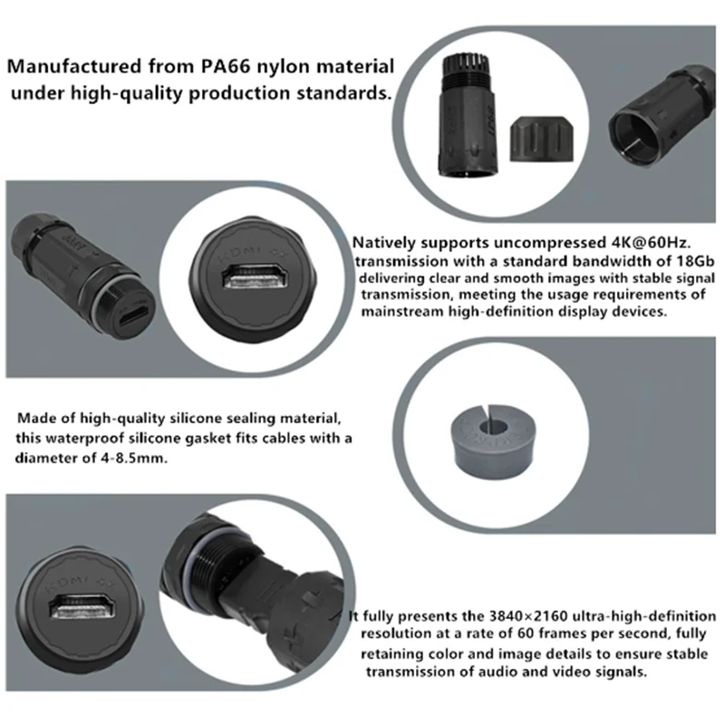 M25 IP68 Waterproof 4K HDTV2.0 HDMI Female to Female Connector 18Gbps Straight Through Cable Joint，