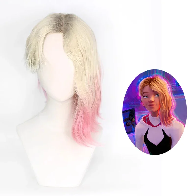 Spider Gwen Cosplay Wig Spider Man Across The Spider Verse Gwen Gradient Wigs Heat Resistant Synthetic Wigs for Women Halloween