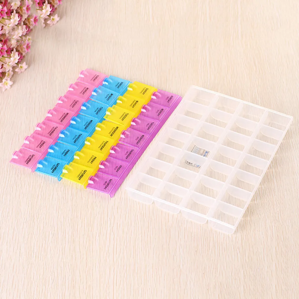Pill Box Weekly 7 Days 28 Compartments 4 Times A Day Labeled Noon Night Backup Easy Open Close for Seniors