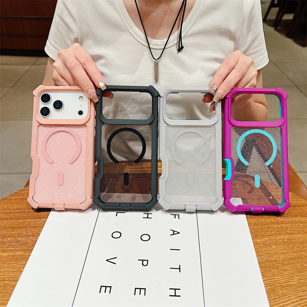 

Shockproof Glitter Clear Magnetic Armor Case for iPhone 17 Air 16 15 14 Plus 13 11 12 Pro Max Transparent Back Cover