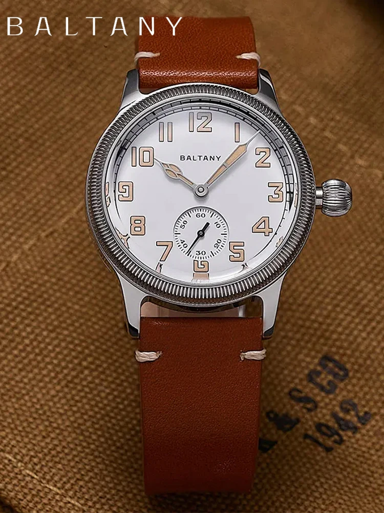 Baltany WW1 Military Trench Watch S2051 Sapphire Leather Strap White Enamel Dial Retro ST1701 Homage Automatic Field Watches Men