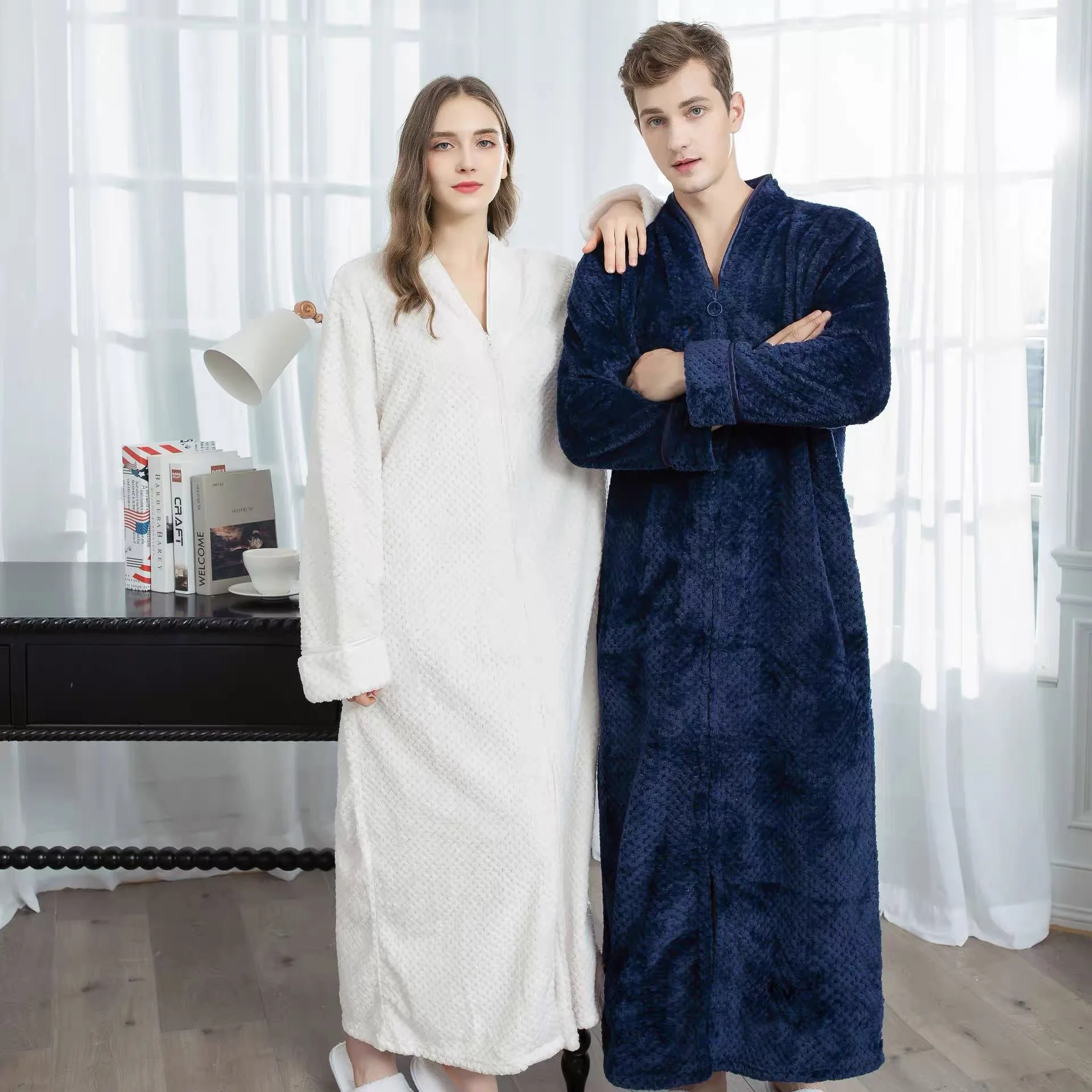 Gentlemen Flannel Winter Thick Shower Robes Sleepwear Male Men Unisex Zipper Loungewear Wedding Morning Nightgown Long Bathrobe