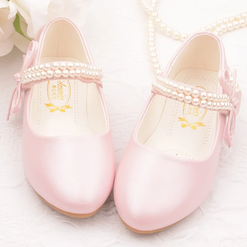 2023 New Girls White Leather Shoes Children Flat White Shoes Girls Flower Girl School Dress Shoes Toddler Girl Shoes