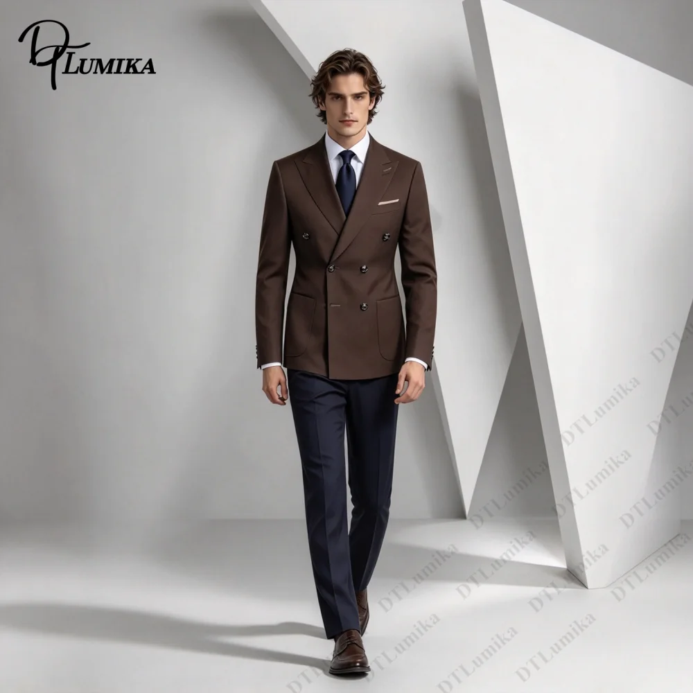Bespoke Dark Brown Double Breasted Men Suit Peak Lapel Blazer & Navy Pants Custom Business Attire Gentleman Wedding Guest Outfit