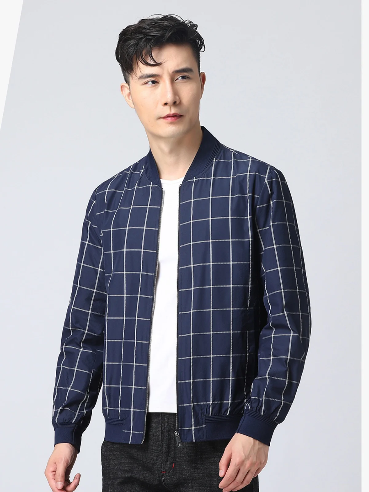 

Men's Casual Baseball Collar Jaet Zipper Plaid Me Outerwear Stand Fit Faion Urban Polyester Spring Autumn