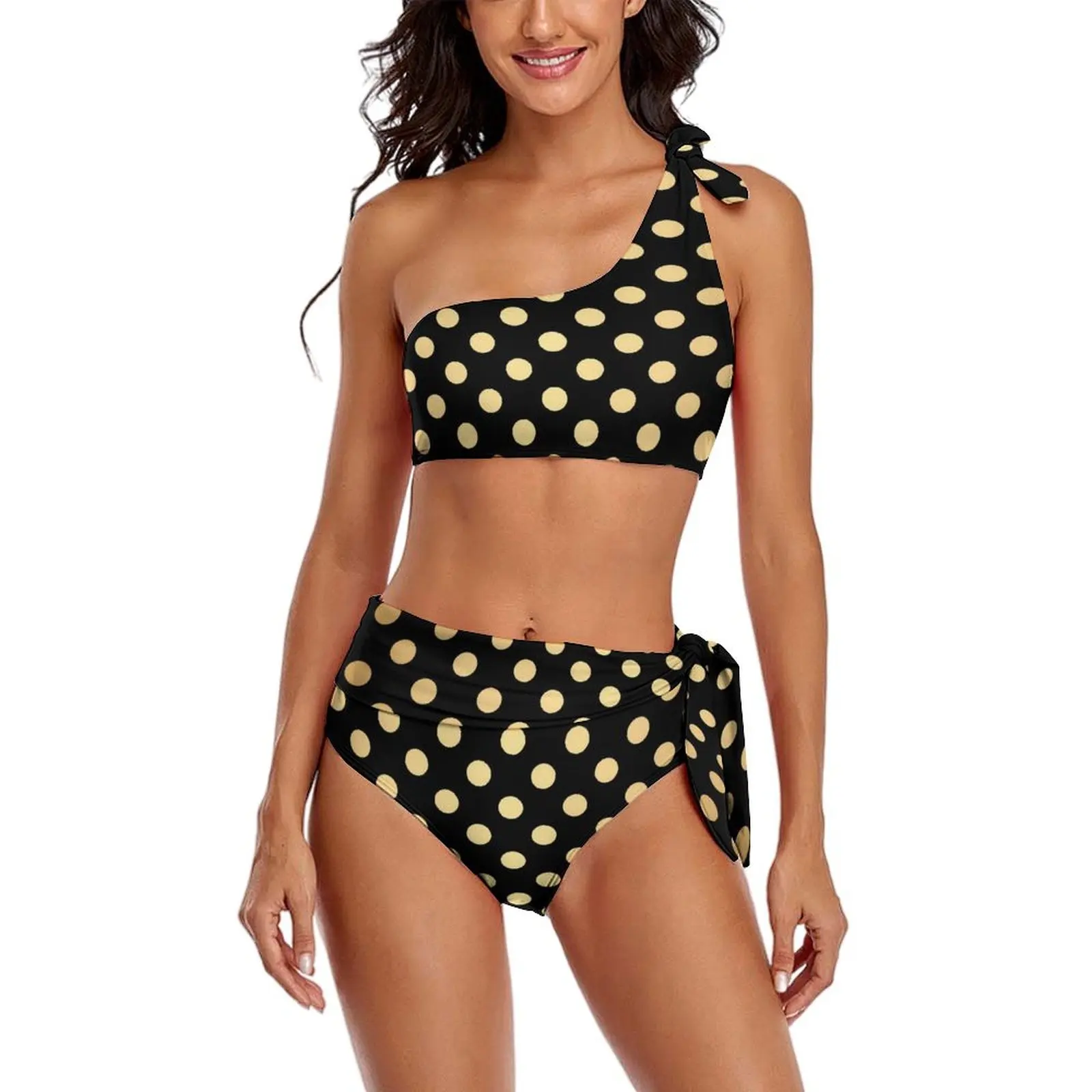 Vintage Polka Dots Bikini Set Black And Gold Bikini Swimsuit Sexy High Waisted Funny Swimwear Swim 2 Piece Bathing Suit