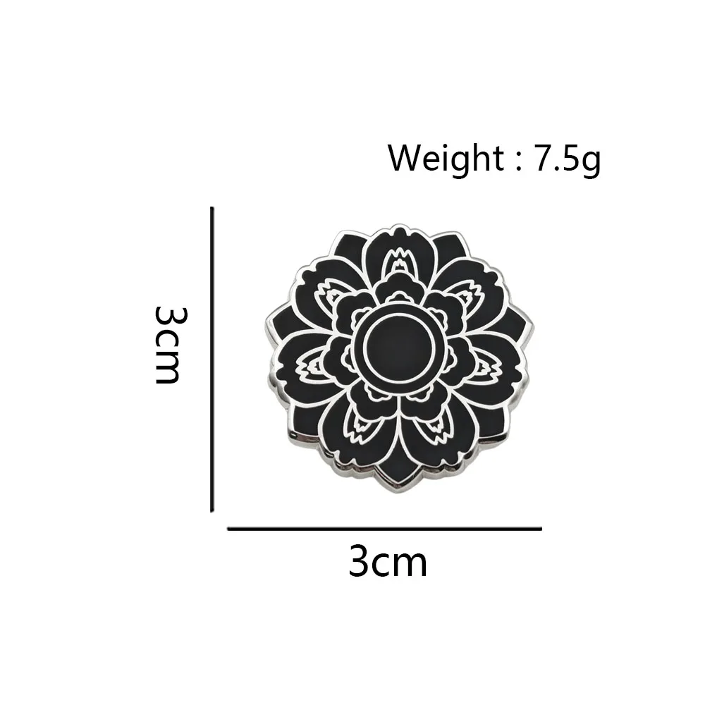 Gotische Schwarze Lotus-Emaille-Pin, Mandala-Blumen-Broschen, Geometrische Florale Anstecknadeln, Hexenästhetik-Schmuck, Geschenk für Rucksäcke – Detail 2