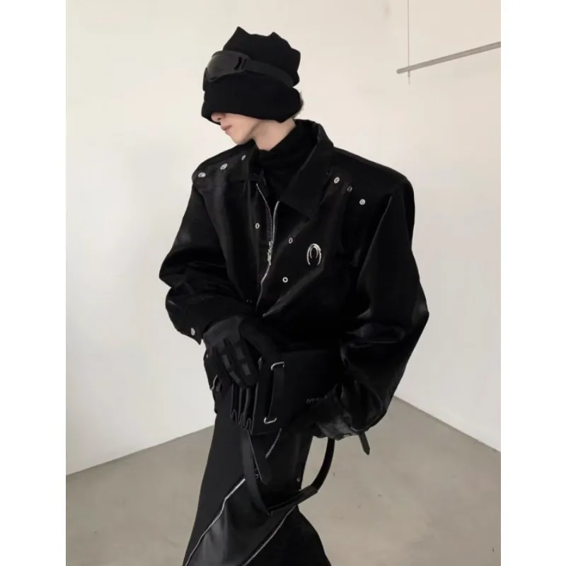 Spring Autumn Hong Kong Style Retro Niche Design Sense Metal Jacket Men's Premium Sense Loose Lapel Versatile Short Jacket Tide