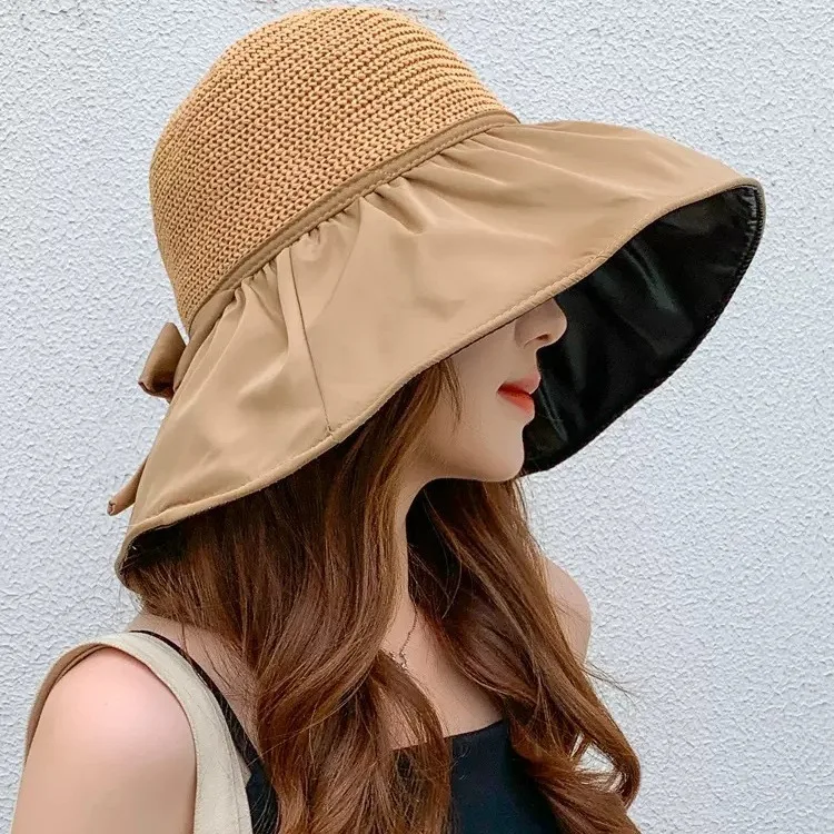 1 Pack Women's Summer Sun Protection Hat Hollow Large Brimmed Face-covering Uv-resistant Fisherman Hat Bow Black Sun Hat