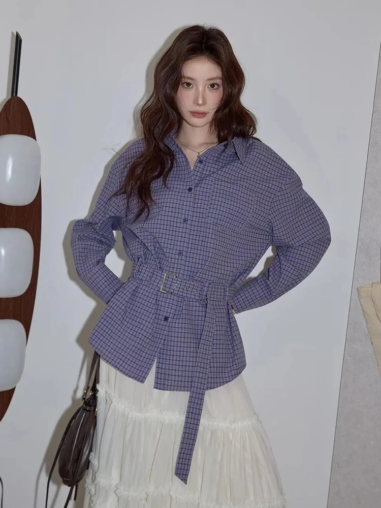 Vintage Purple Plaid Shirts Women Spring Autumn Long Sleeve Casual Belt Blouse Female Retro Loose Button Office Lady Korean Tops