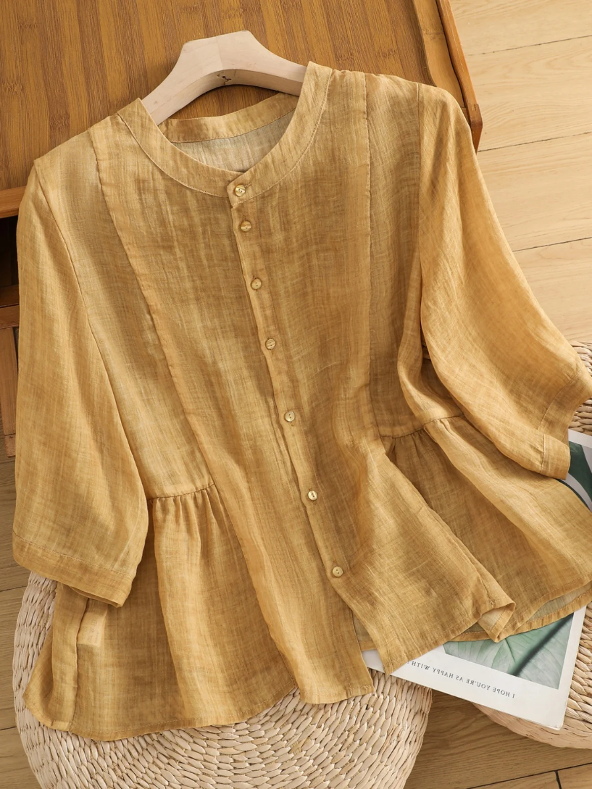캐주얼 린넨 여성 여름 2024 패션 스탠드 칼라 루즈핏 버튼 디테일 단색 탑