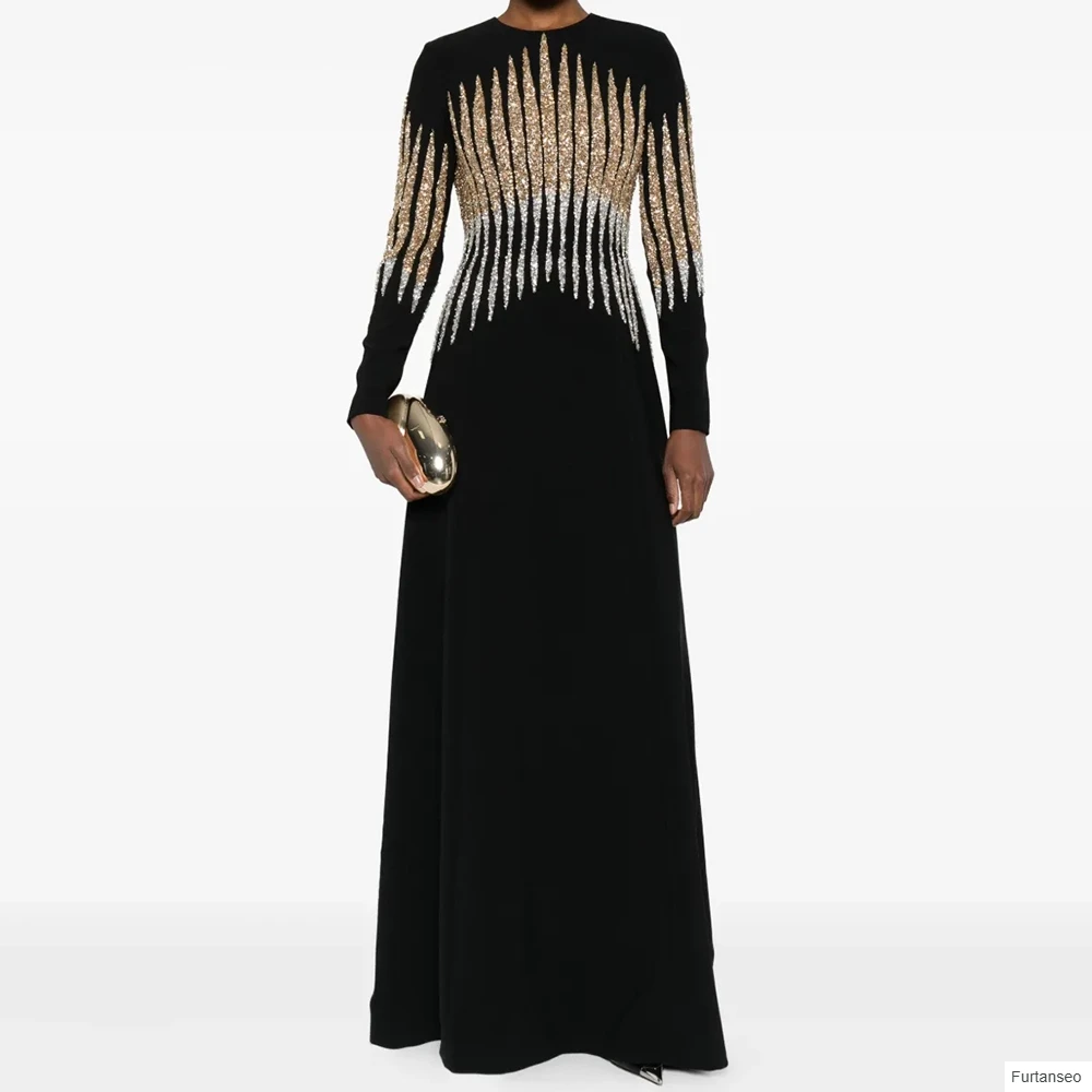 Luxurious A-line Women's Evening Dresses Floor-length O-neck Full Sleeve Prom Gown Fashion Sequined Draped Customized Gowns