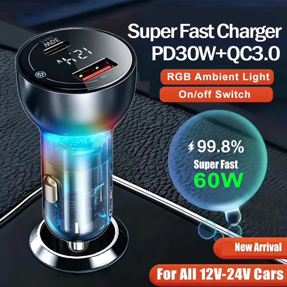 

Автомобильное зарядное устройство 60W PD+QC3.0 с двумя портами Type-C USB, быстрой зарядкой, вольтметром, выключателем и RGB-подсветкой