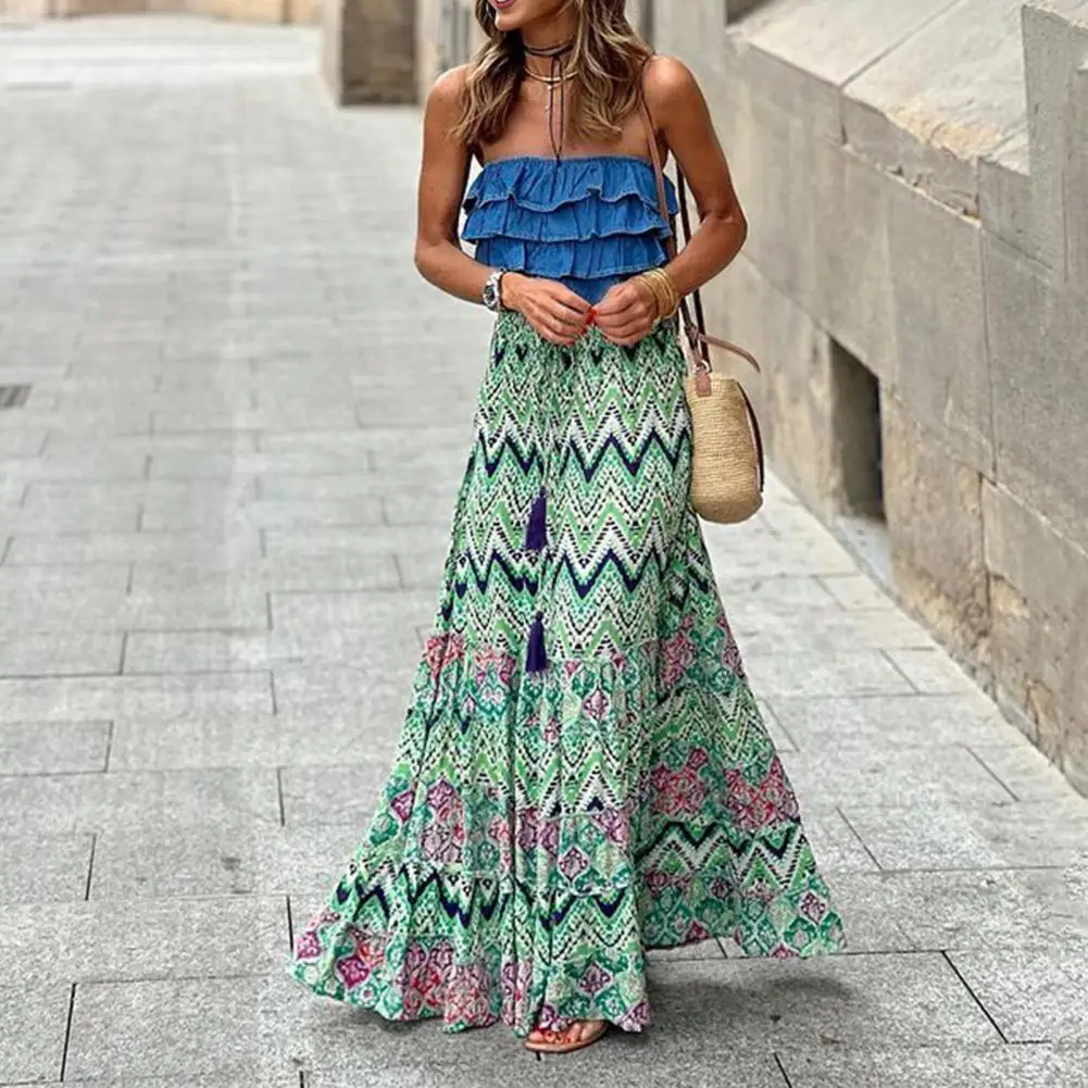 High Waist Skirt Colorful Print Bohemian Style Beach Long Dress with Elastic High Waist Drawstring for Women Vacation Skirt