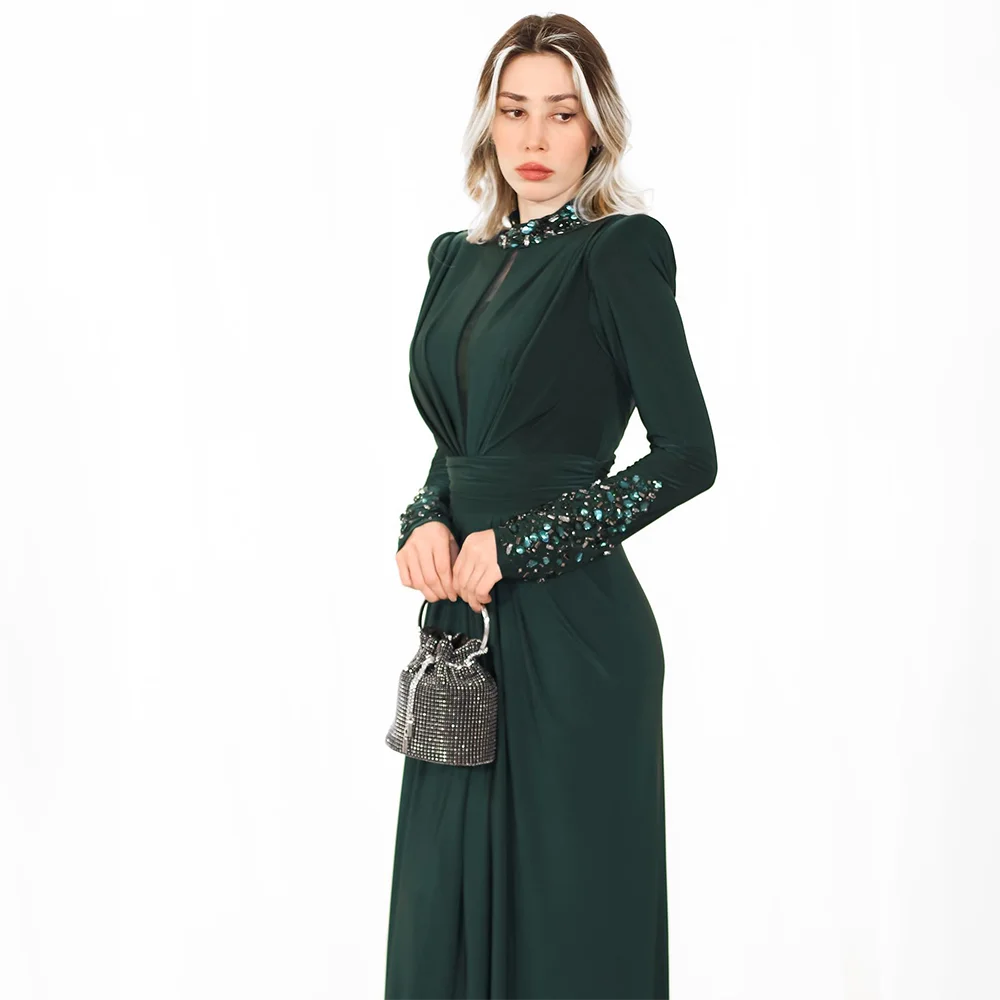 

High Neck Evening Dress for Woman A Line Long Prom Gowns Long Sleeves Crystal Pleat Elegant Party Dresses 2025 Customized