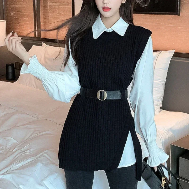 

Knit Sweaters Blouse Set Women Two Piece Suit Full Spring Shirt Knitted Vest Korean Belt Elegant Tops White Lace Up Autumn Y2k