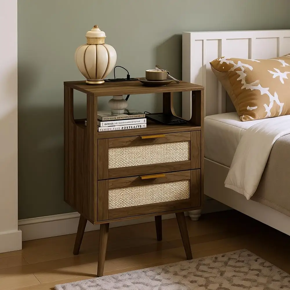 

Walnut Brown 2-Drawer Rattan Nightstand
