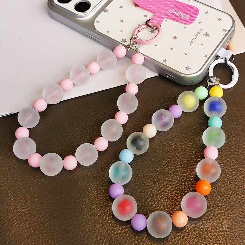 Colorful Frosted Round Bead Mobile Phone Chain, Fashionable and Fresh Women's Wrist Anti Drop Lifting Chain, Versatile
