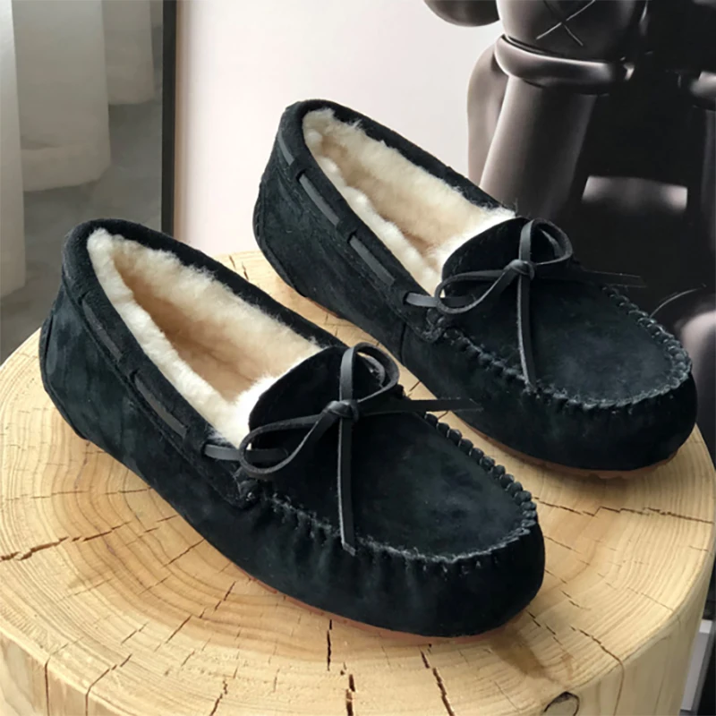 New 100% Natural Wool Genuine Leather Women Flat Winter shoes Women Moccasins Casual Loafers Plus Size Winter shoes