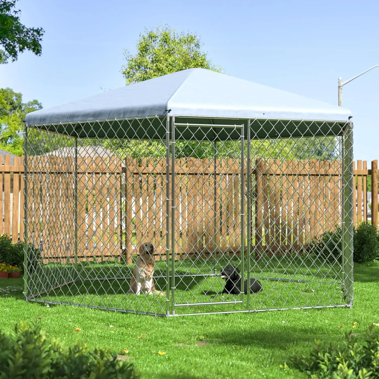 

DAKITO 13.3x13.3x8.8 FT Large Dog Kennel Outside with Roof,Outdoor Dog Kennel with Metal Gate,Heavy Duty Dog Kennel with Lock fo