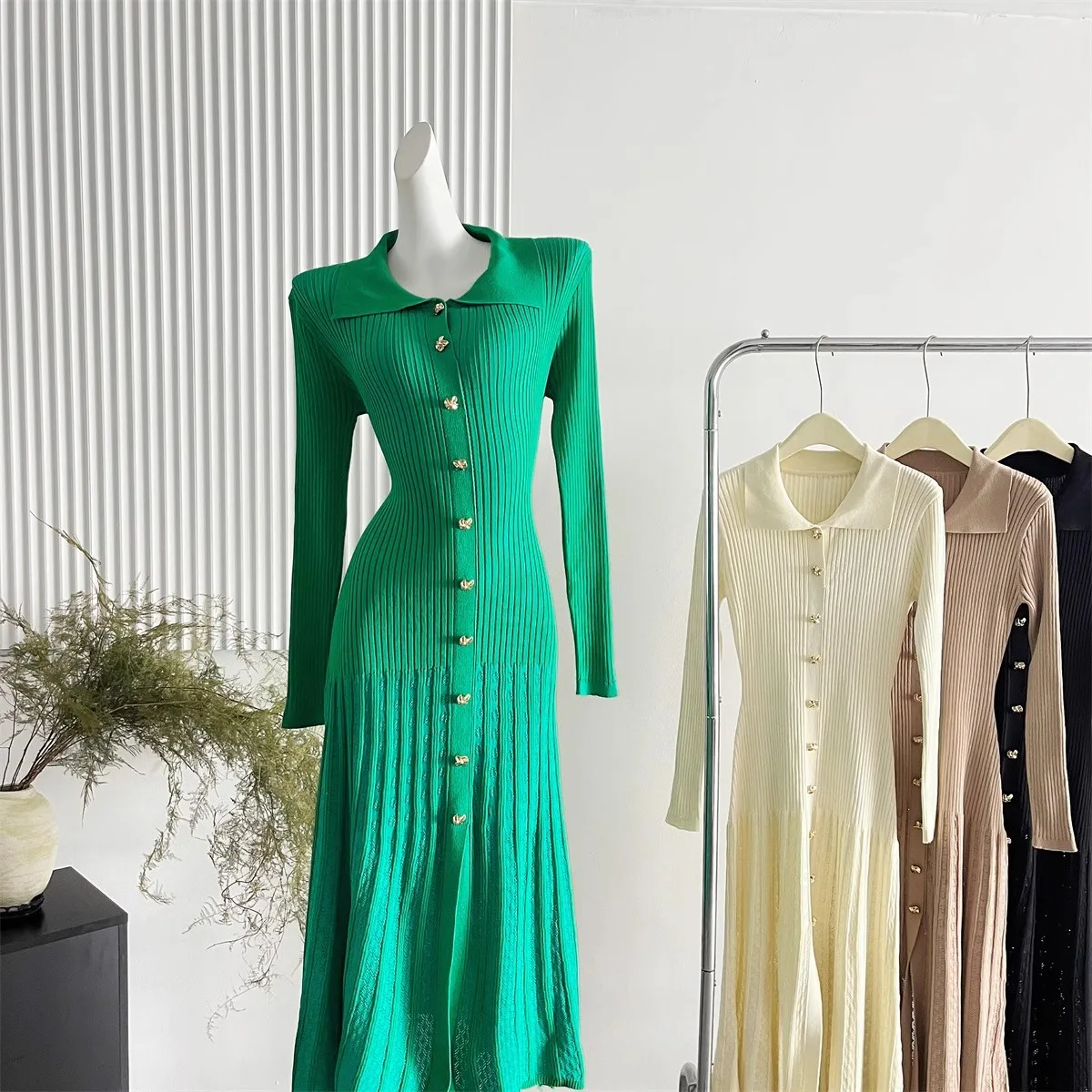 

Knitted Mermaid Dress Women Turn-down Collar Long Sleeve Female Long Dresses 2024 Autumn Winter Slim Hip Package Lady Robes