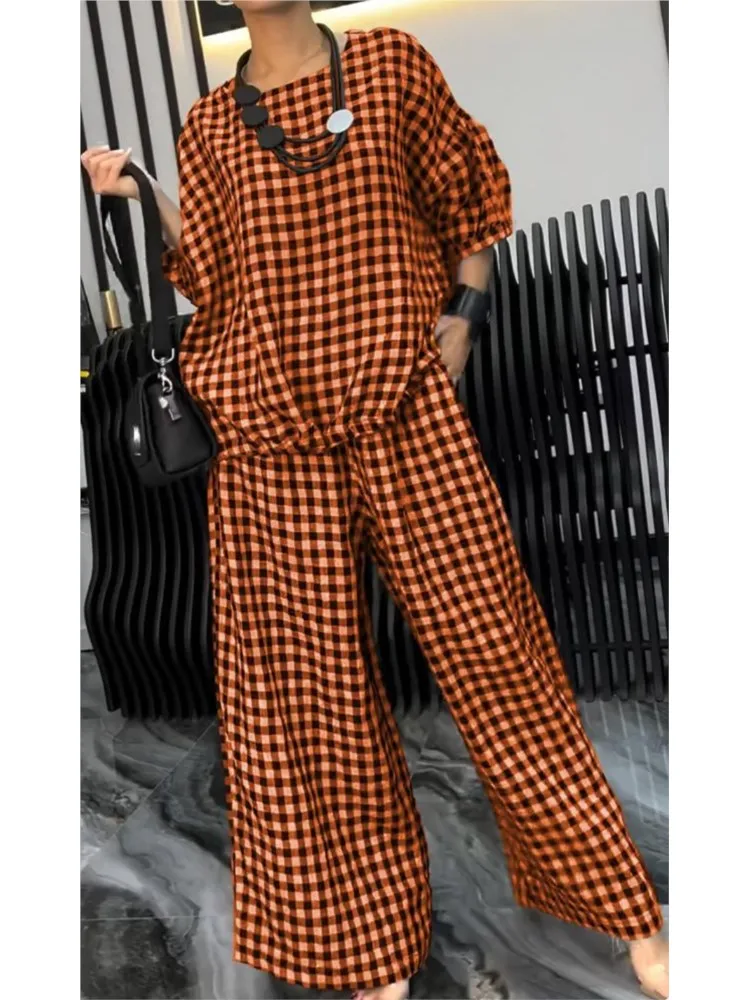 O-neck Half-sleeved Loose Top + Wide-leg Pants 2-piece Set Women\'s Fashion Spring Sets Autumn Plaid Printing Back Pull-out Suit