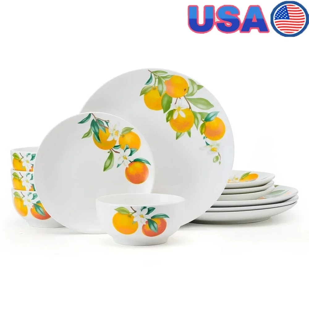 

12 Piece Porcelain Dinnerware Set White with Vibrant Oranges Coupe Shape Dishwasher Microwave Safe Perfect Everyday Dining
