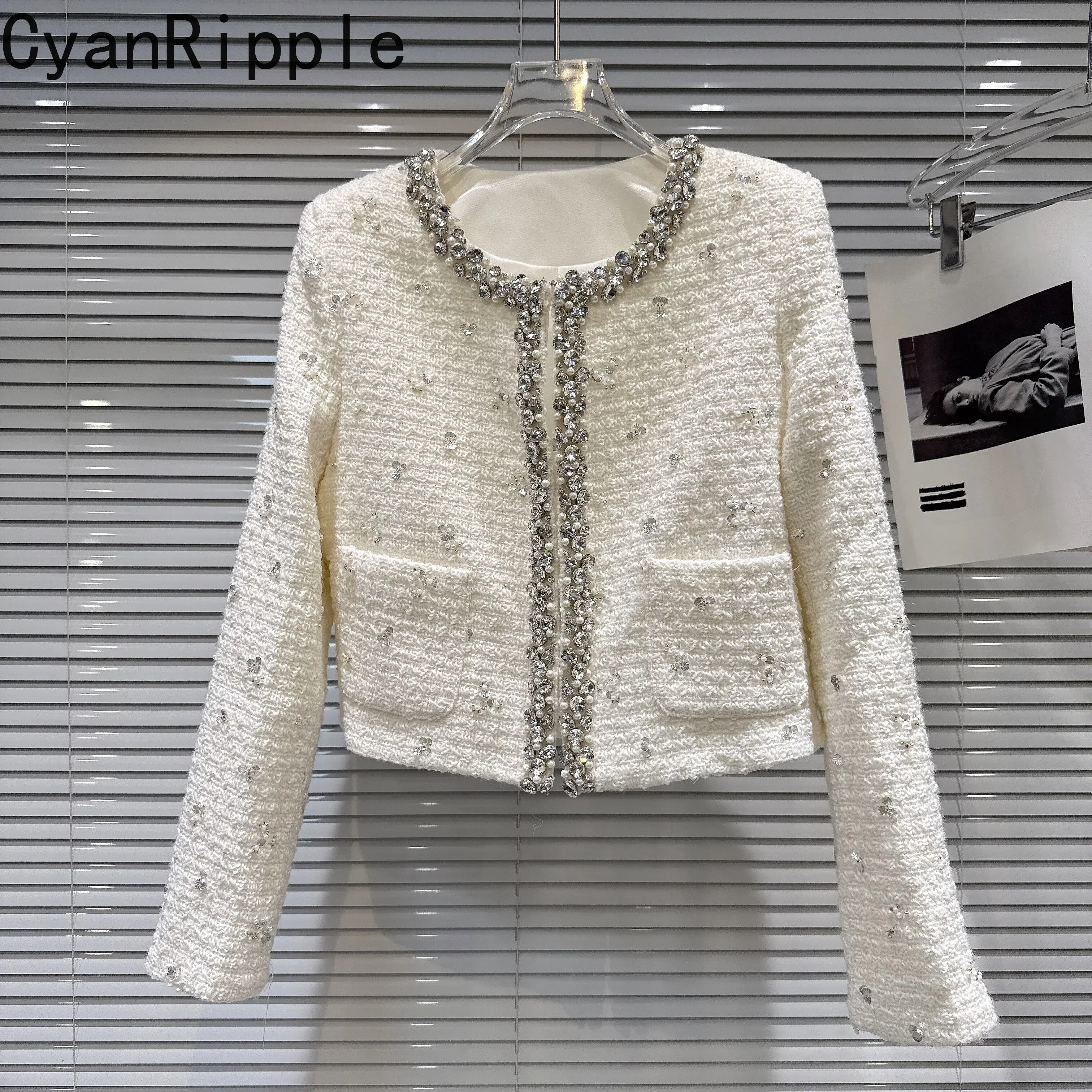 Fashion Lady 2026 New Autumn Luxury Diamonds Sequins Beads Short Cardigans Coat Elegant Round Neck  Long Sleeve Tweeds Jacket