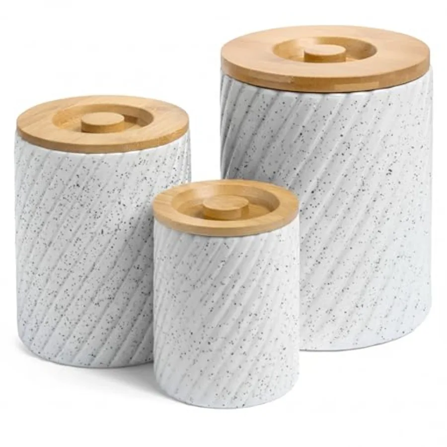 

Набор керамических контейнеров для кухонной столешницы и кладовой: 3 герметичных емкости для хранения муки, сахара и других продуктов, прочные, белые