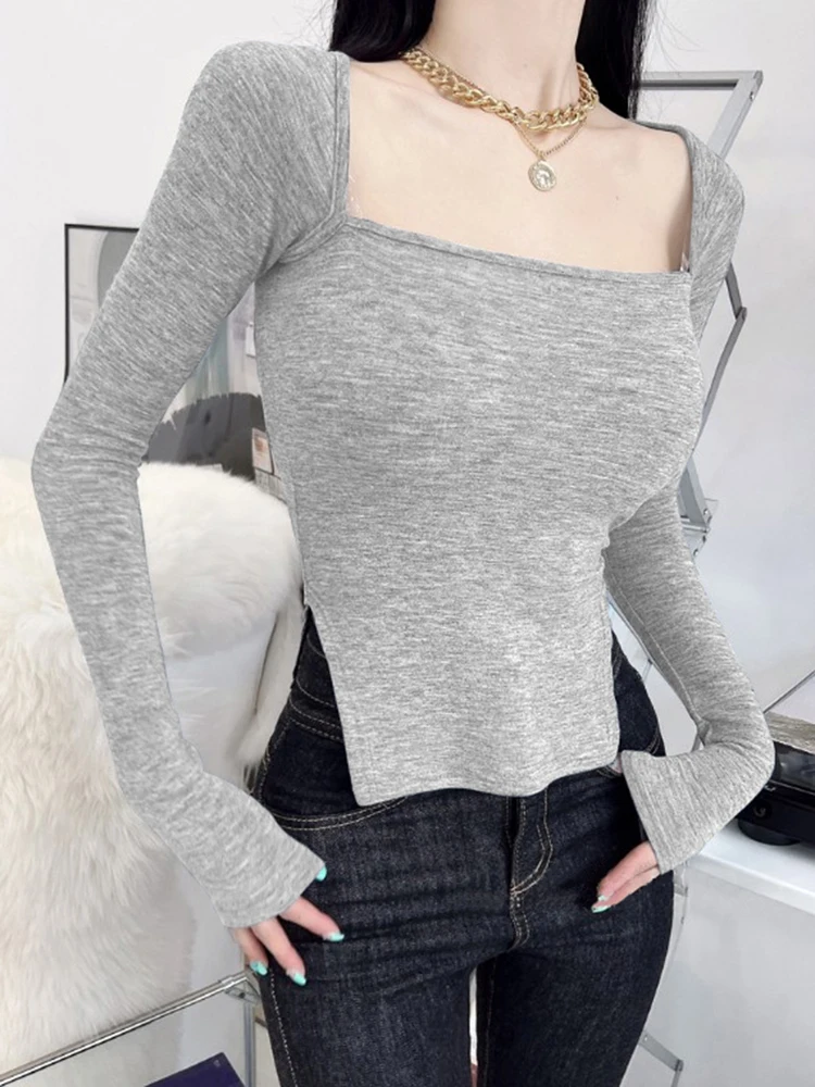 

Square Collar Top T Shirt Womens Cotton Long Sleeve T Shirts For Women Korean Fashion Woman Clothes Skinny T-shirts 2022 Spring