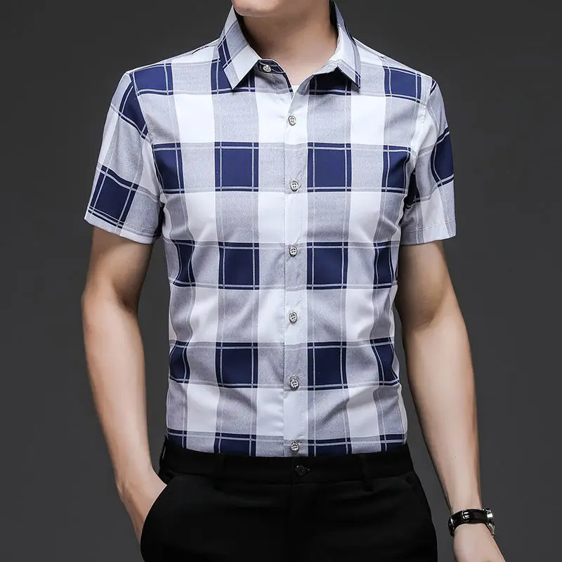 

Checker Print Middle-aged Men's Short-sleeved Shirt Loose POLO Neck Panel Single Breasted Thin Top Business Casual Commuting