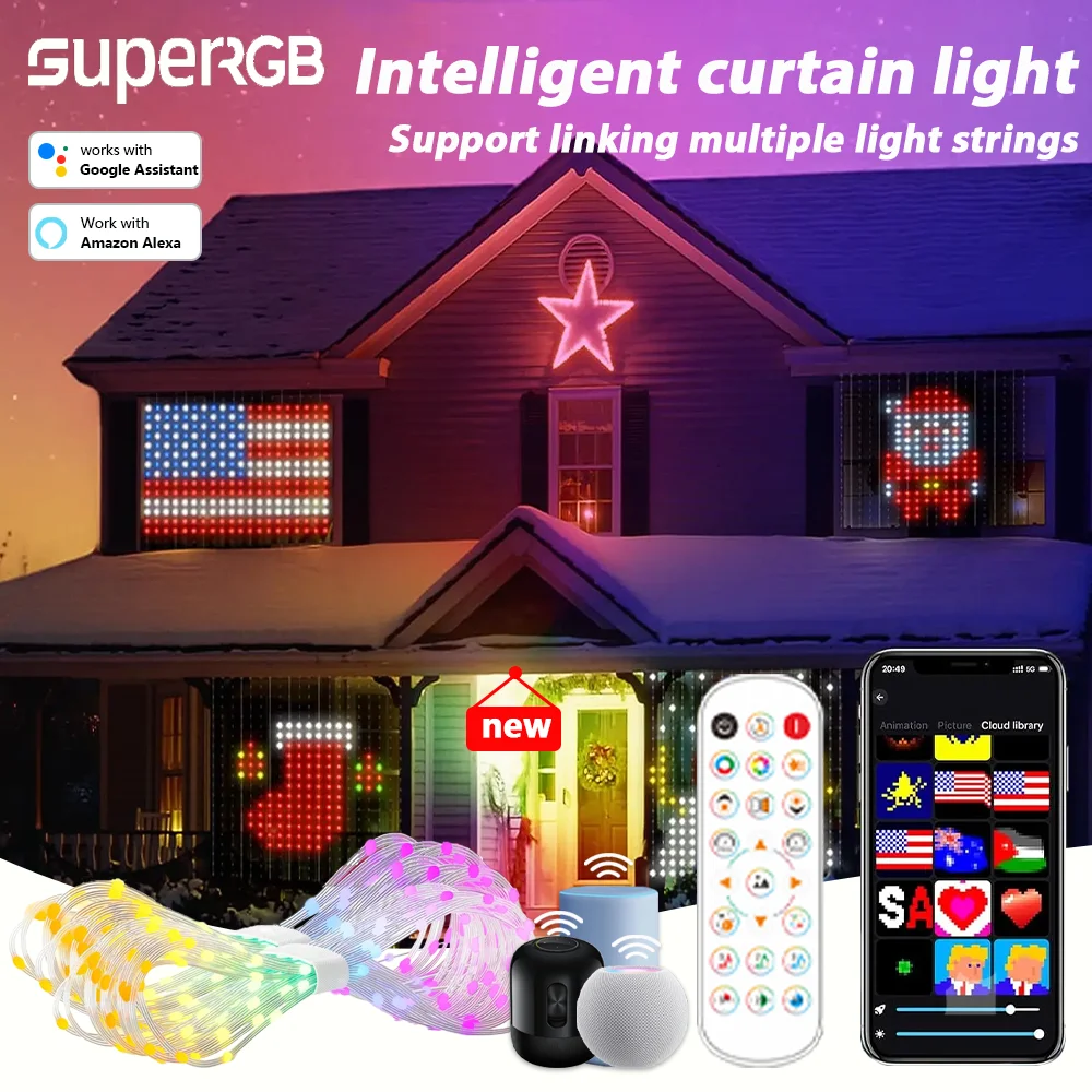 Smart Curtain Lights Bluetooth App Control RGB LED String Waterproof Fairy Light USB DIY Text Pattern Display Party Room Decor