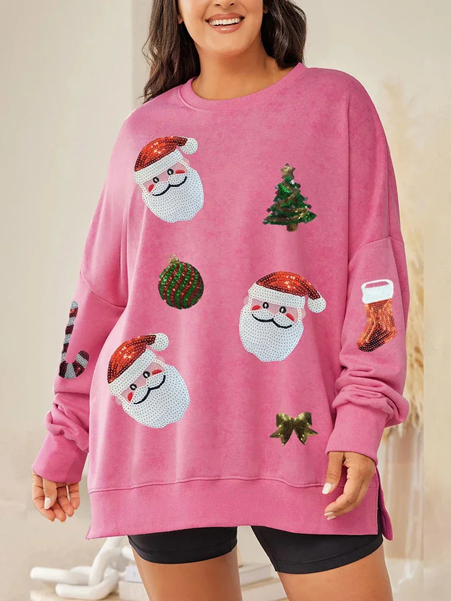 New Women Christmas Sweatshirts Sequin Santa Graphic Long Sleeve Crew Neck Pullovers Oversized Tops Hot Sale S-XL