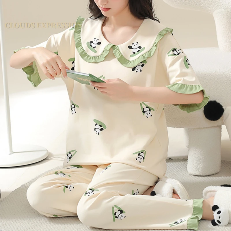 Big Size 5XL Pajama Sets Short Sleeved Cartoon Bear Knitted Pjs Plaid Sleepwear Elegant Women\'s Pajamas Lounge Home Pijama Mujer