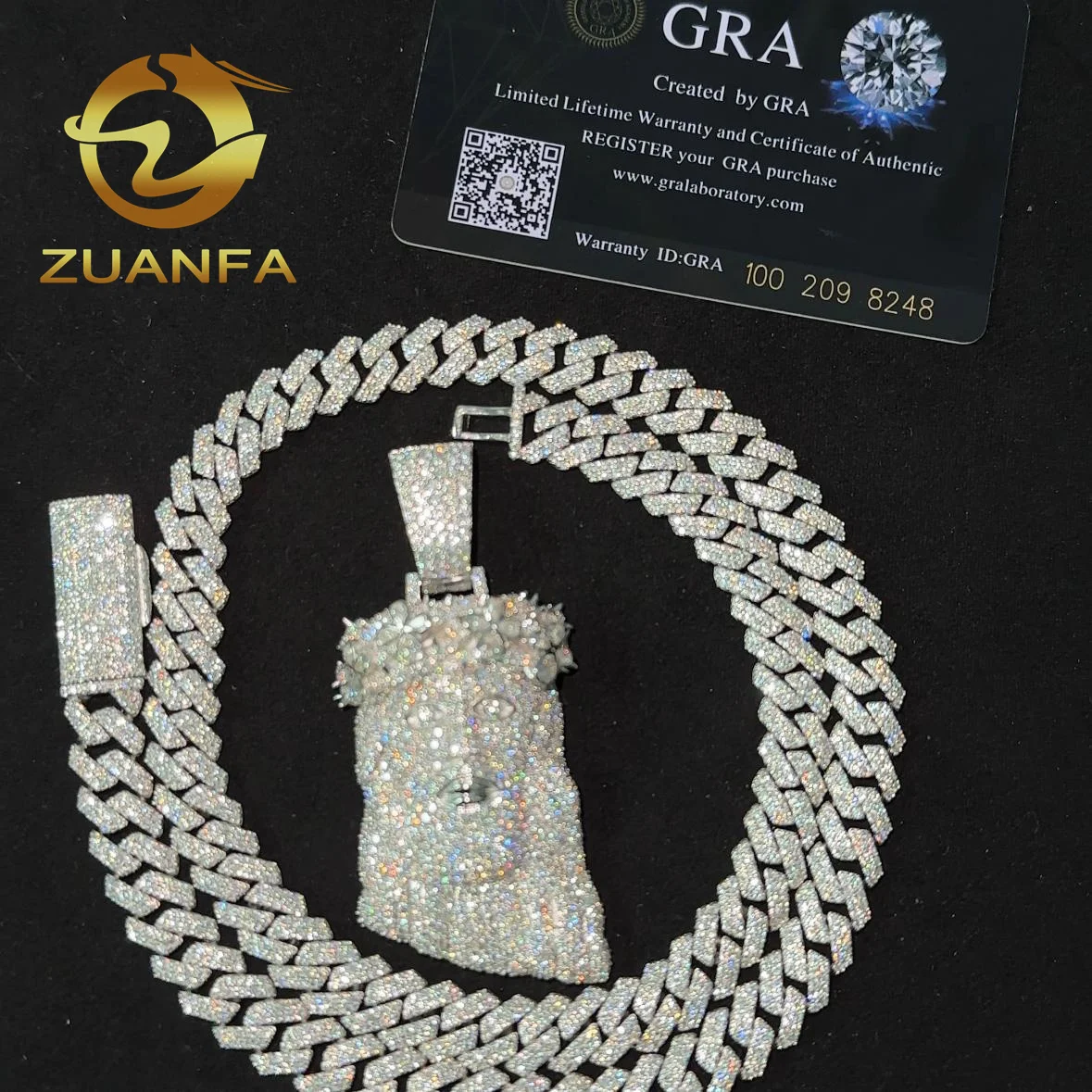 Fast Shipping 10mm Cuban Link Moissanite Chain Hip Hop Jewelry with Jesus Head Pendant Cuban Link 925 Silver Iced Out Cuban Set，