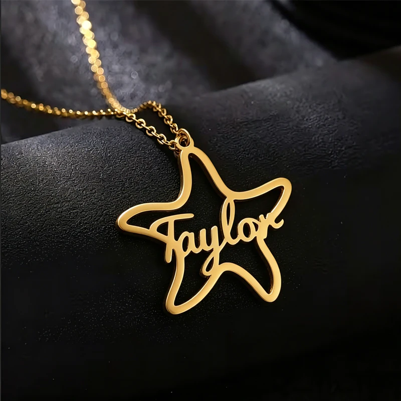 Auxauxme Custom Shell Starfish Fish Wave Name Necklace for Women Stainless Steel Personalized Nameplate Pendant Ocean Jewelry