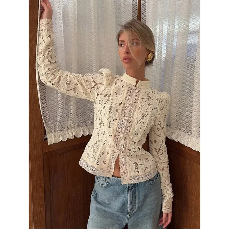 

Ретро-блузка с китайским ажурным узором, женская, шикарная, с круглым вырезом, длинным рукавом, облегающая, трикотажная, летняя, модная, новая, уличная, с цветочным принтом
