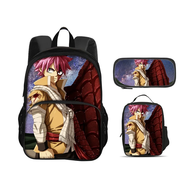 Fairy Tail 3Pcs Set with Front Pocket Backpack+lunch Bag+Pencil Bag Boys and girls Best Gift Stationery Sport Travel