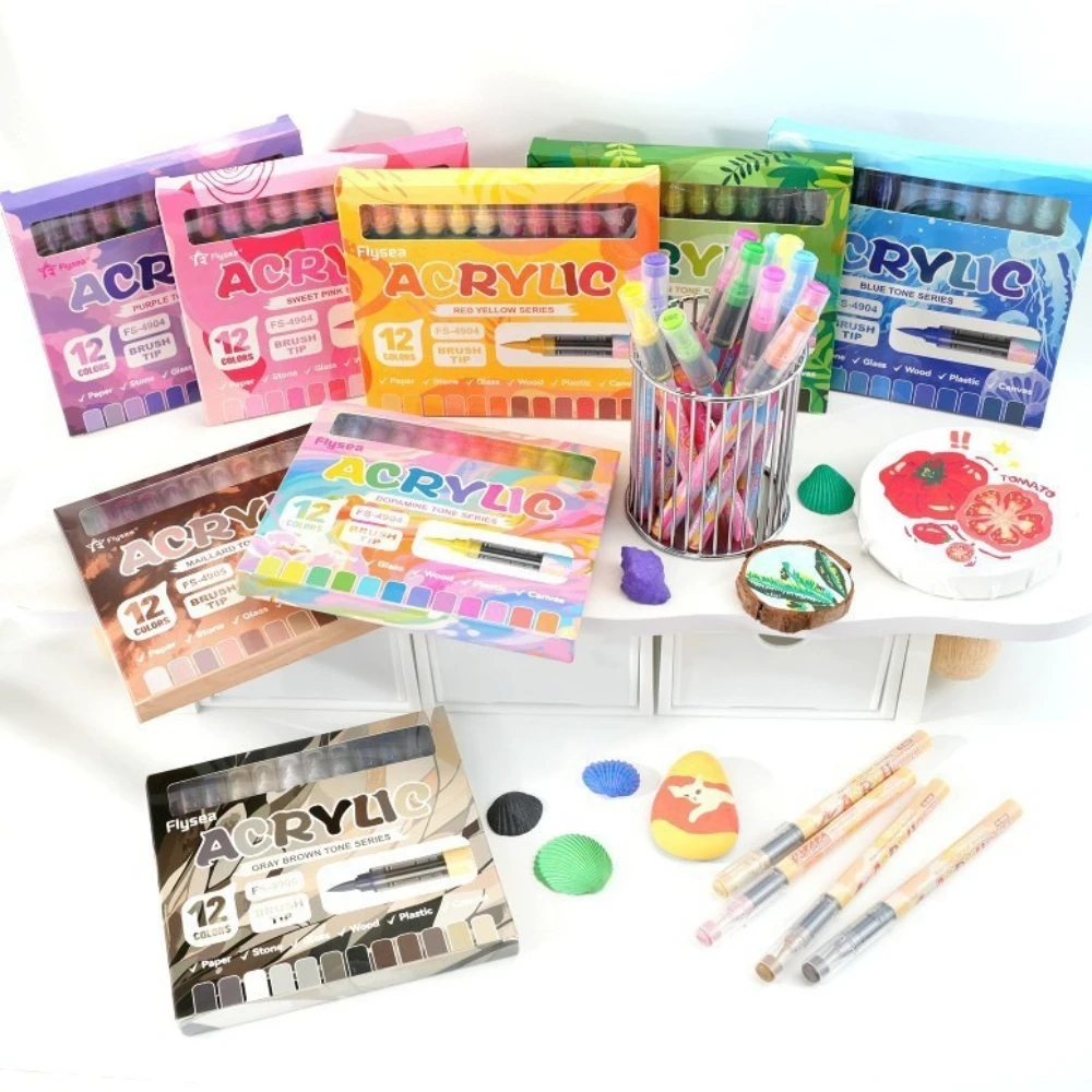 Direct Liquid Acrylic Paint Markers 12 Colors Soft Brush Tip Waterproof Acrylic Pens for Rock Canvas DIY Graffiti Art Craft Draw