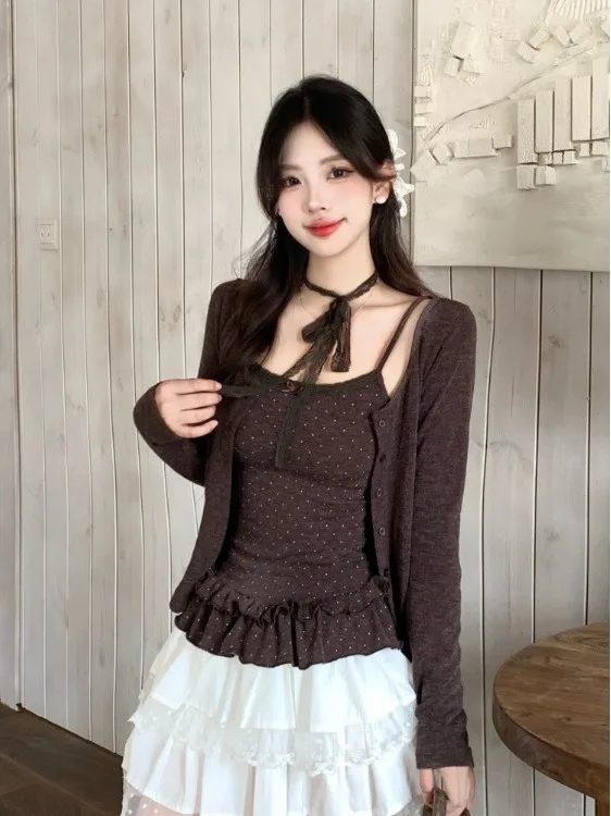 

plus Size Women's Gentle Style Lace Splicing Polka Dot Strap Long Sleeve Cardigan Top Set Autumn New Arrival Commute Korean S...