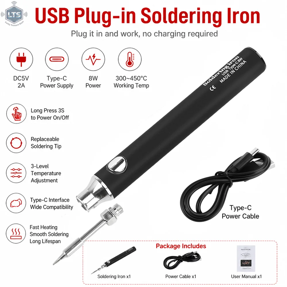Mini-USB-Typ-C-Lötkolben 8W 300-450 ℃   3-stufig einstellbarer, tragbarer elektrischer Lötkolben mit austauschbarer Spitze